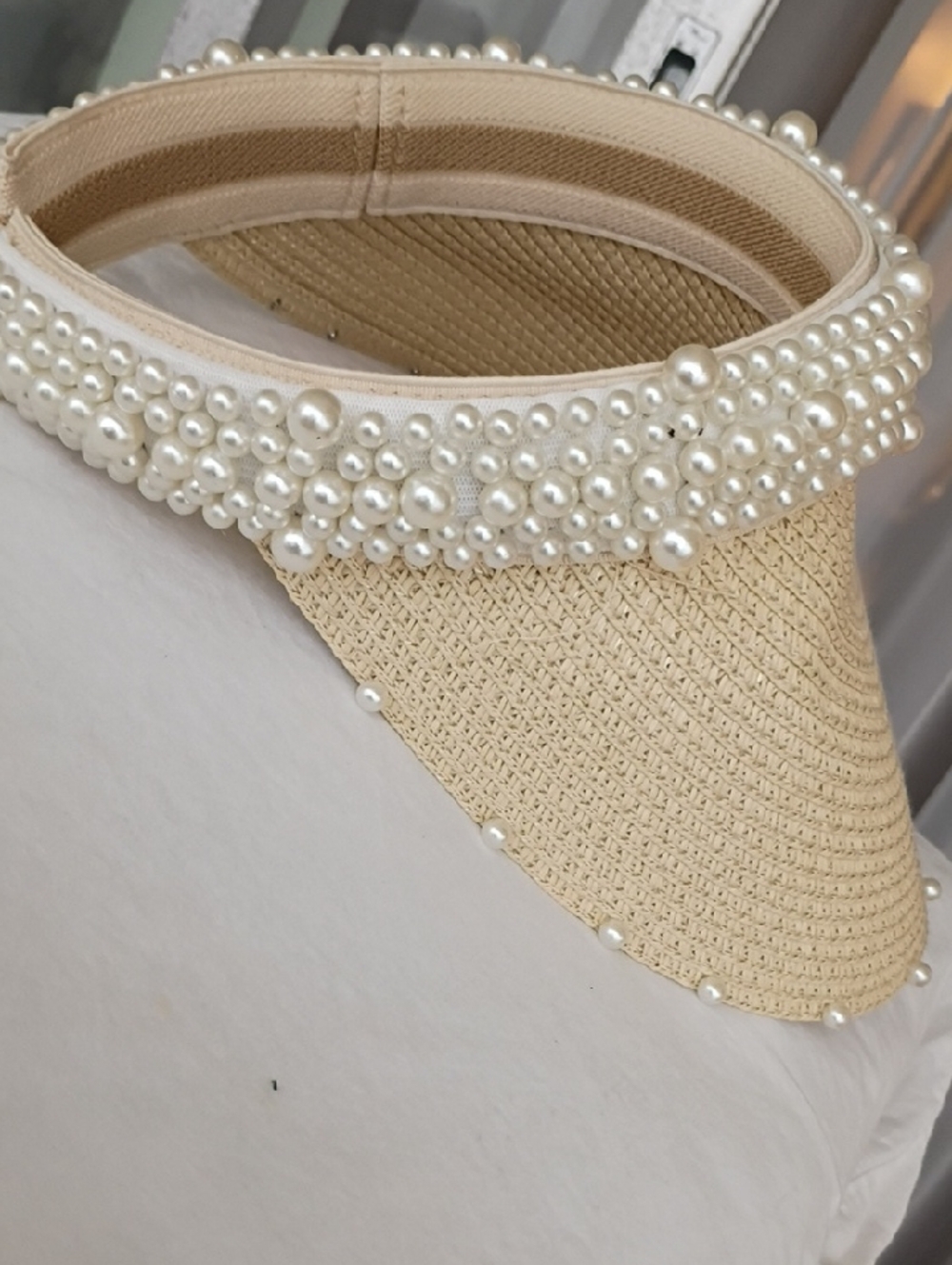 Pearls And Straw Visor with Pearl Trim Made In Italy